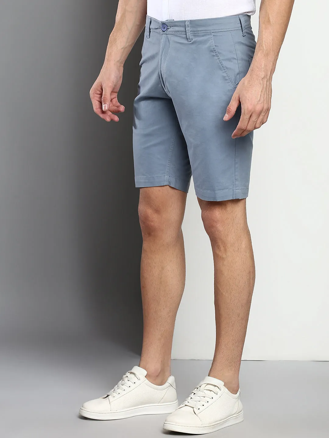 Men's Steel Blue Slim Fit Mid Rise Casual Cotton Shorts