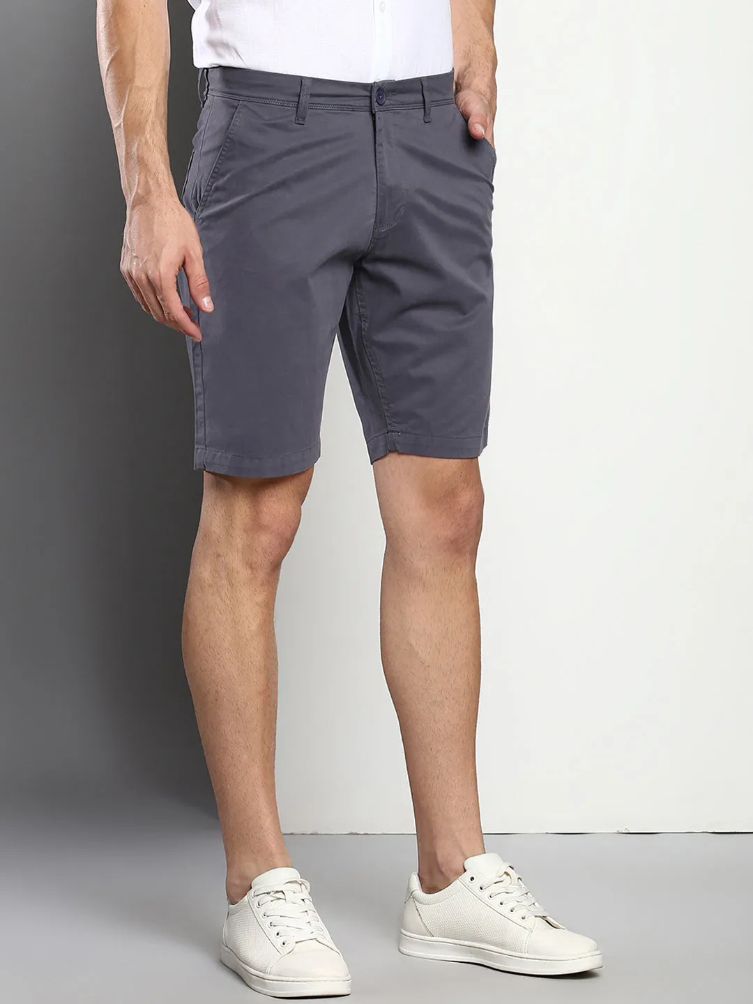 Men's Steel Grey Slim Fit Mid Rise Casual Cotton Shorts