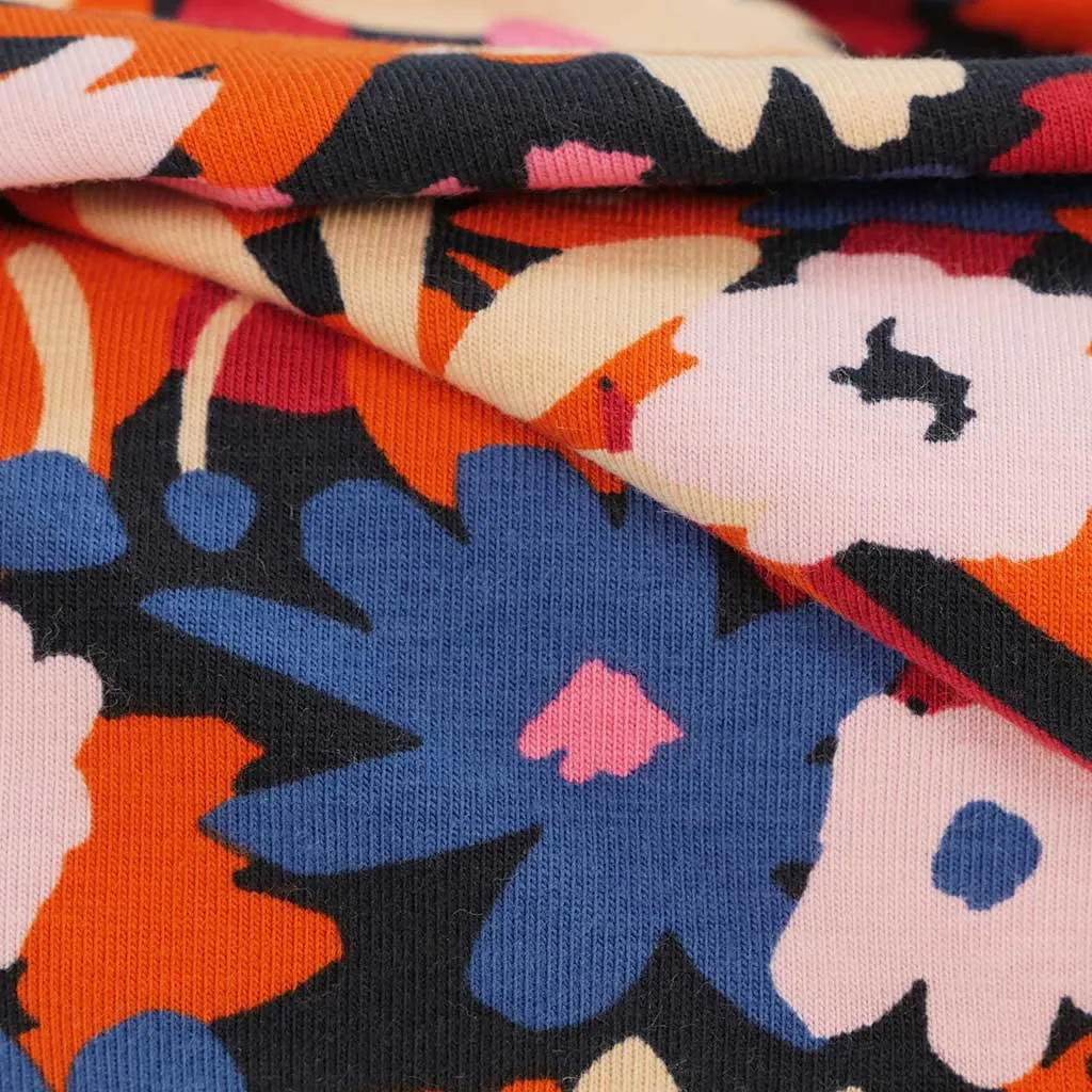 Navy Pop Blossom, Single Jersey Organic Cotton Elastane Fabric by Nerida Hansen Sample