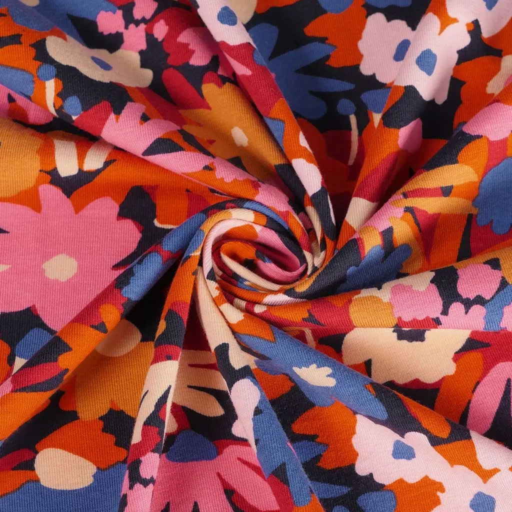 Navy Pop Blossom, Single Jersey Organic Cotton Elastane Fabric by Nerida Hansen Sample