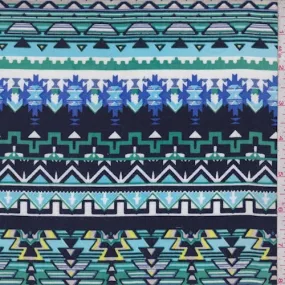 Navy/Jade Aztec Stripe Rayon Challis Fabric