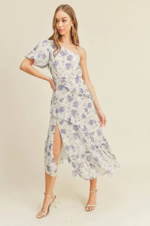 One Shoulder Puff Sleeve Floral Dress