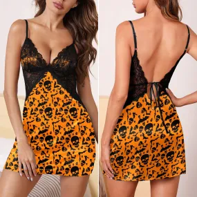 Orange Skull Bat Women's Back Lace Babydolls Nightgowns