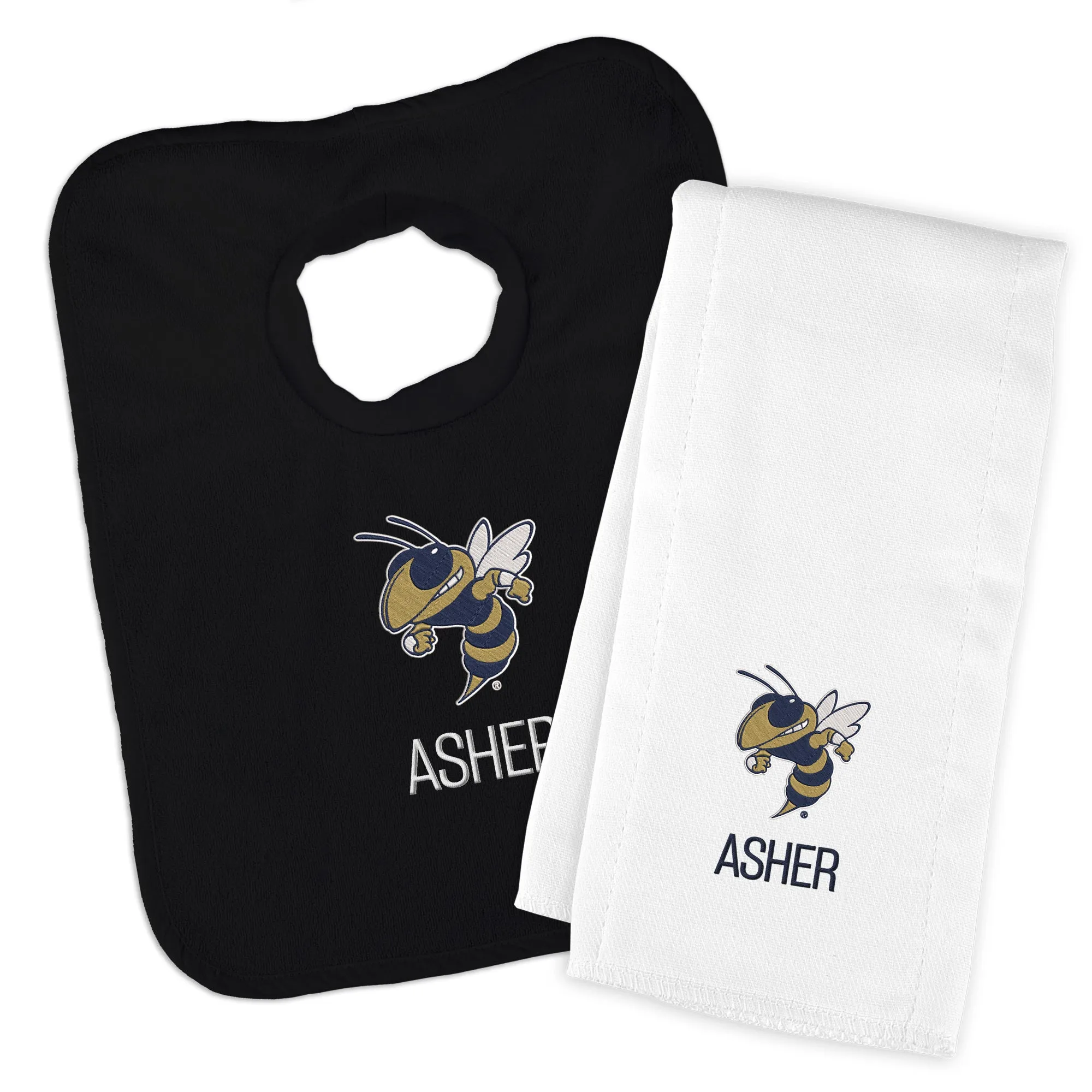 Personalized Georgia Tech Yellow Jackets Buzz Bib and Burp Cloth Set