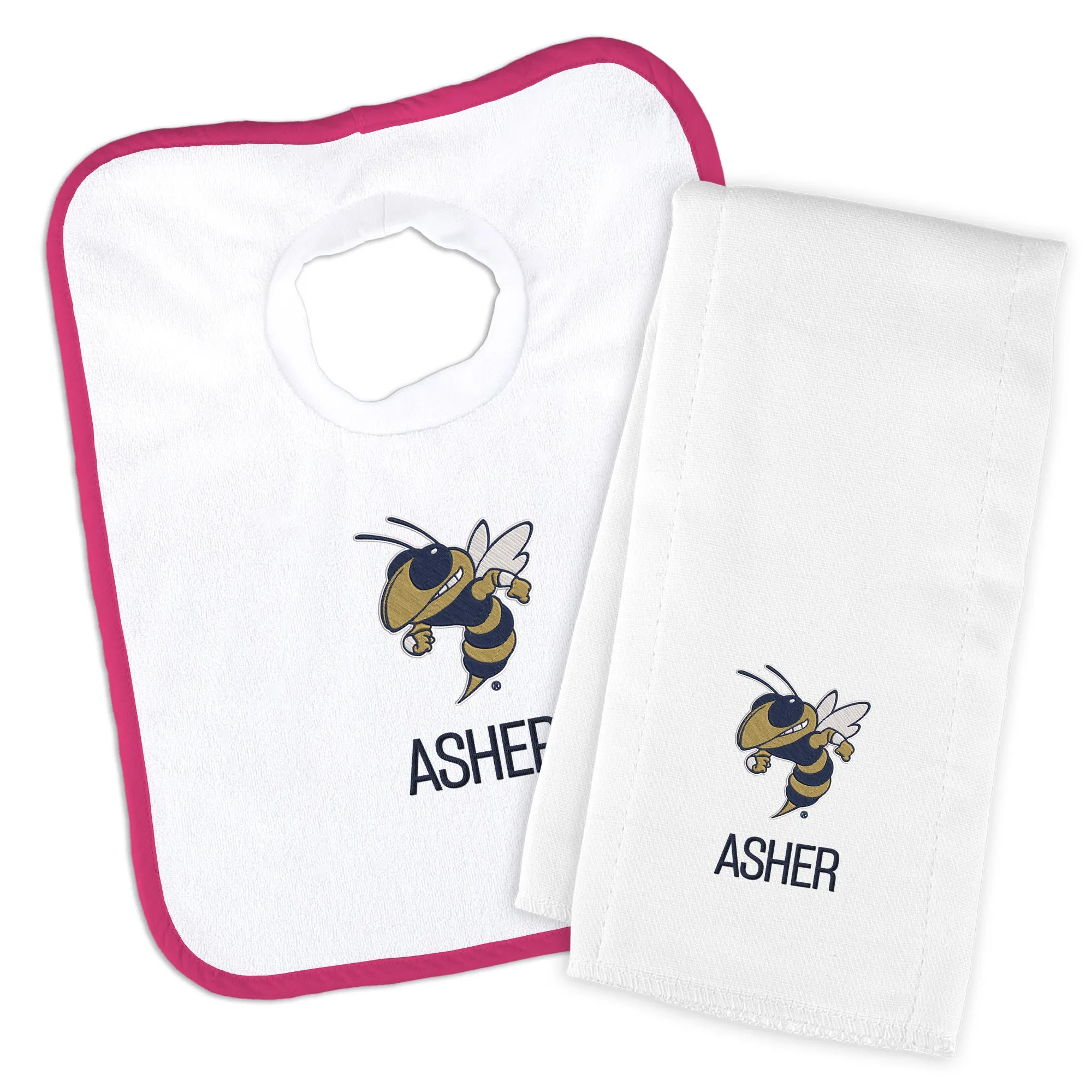 Personalized Georgia Tech Yellow Jackets Buzz Bib and Burp Cloth Set