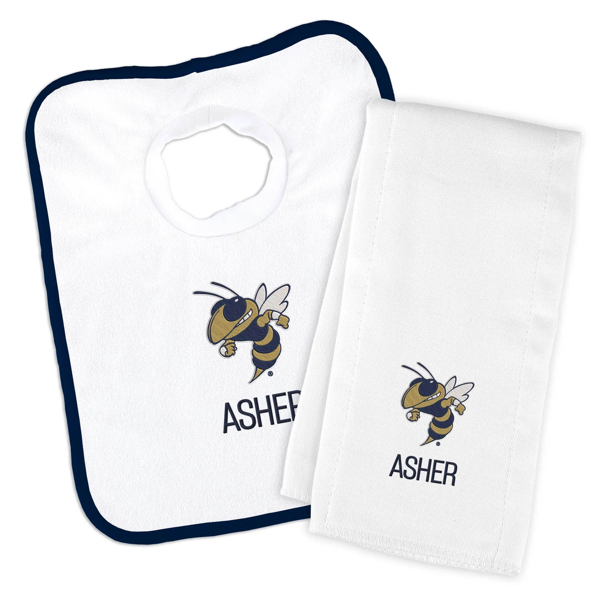 Personalized Georgia Tech Yellow Jackets Buzz Bib and Burp Cloth Set