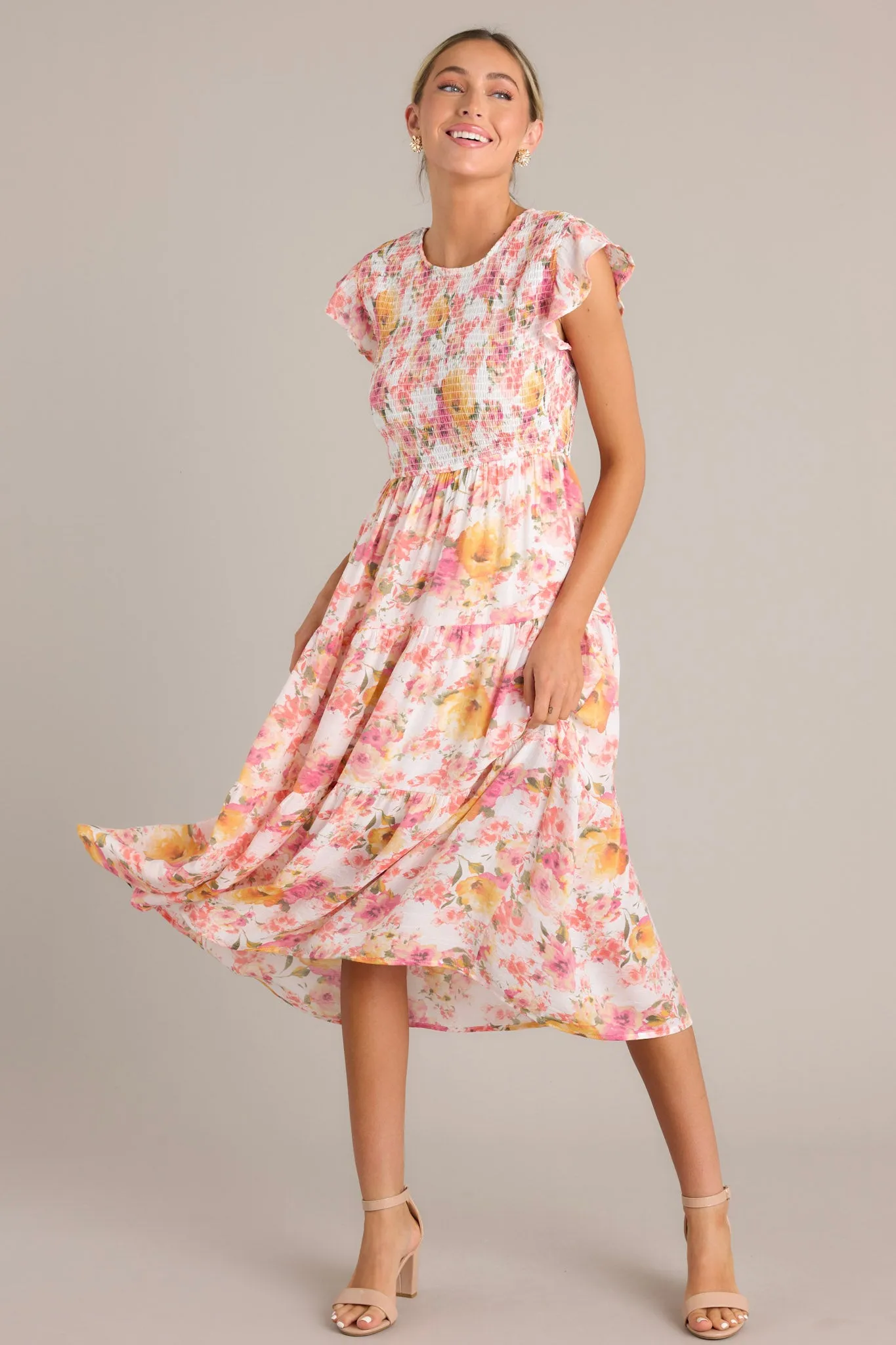 Petal Power Pink Floral Smocked Midi Dress