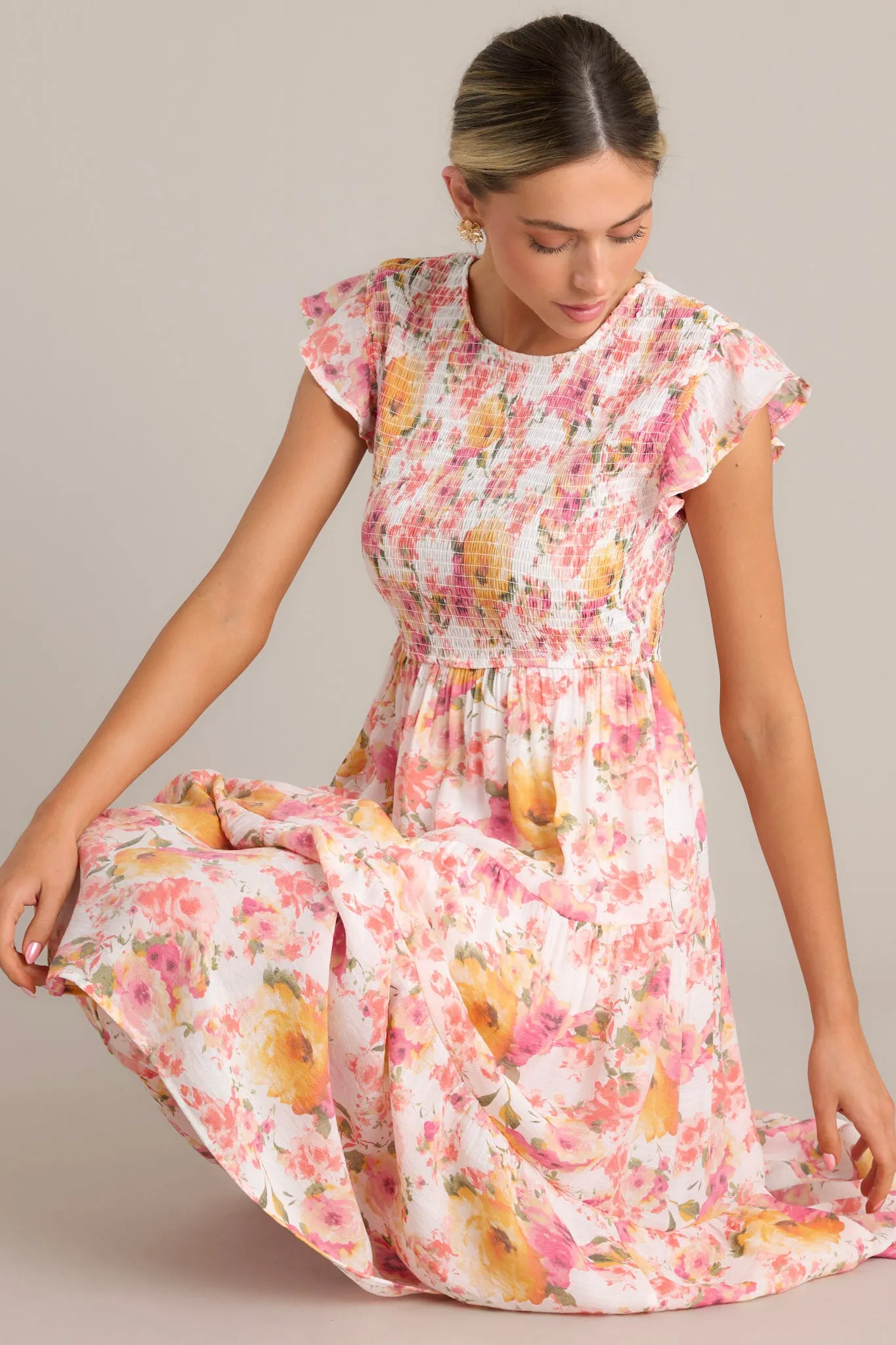 Petal Power Pink Floral Smocked Midi Dress