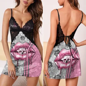 Pink Skull Lip Art Women's Back Lace Babydolls Nightgowns