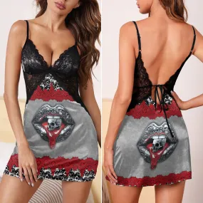 Red Lace Skull Lip Women's Back Lace Babydolls Nightgowns