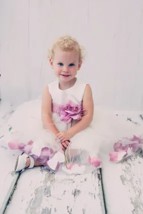 *RESTOCKED* 195B[SASH] Ivory Satin Flower Petal Baby Dress with Organza Sash