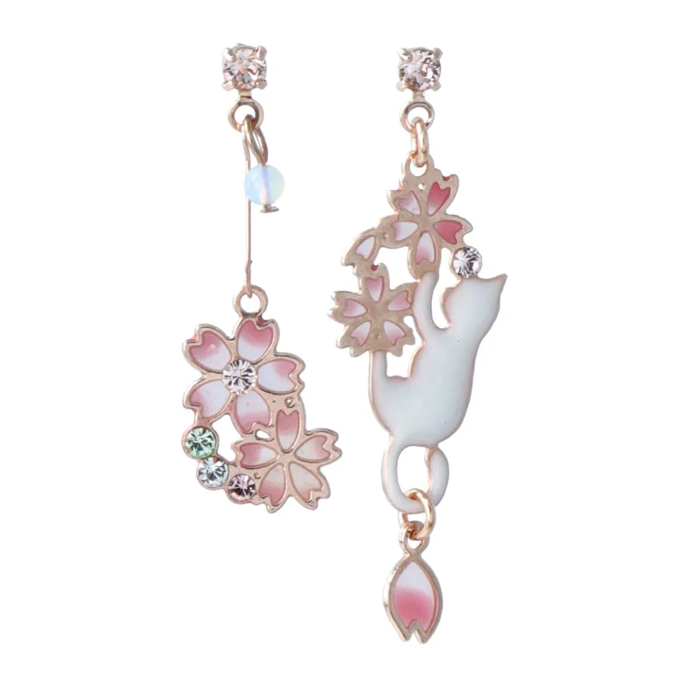 Sakura and Playful Cat Mismatch Earrings