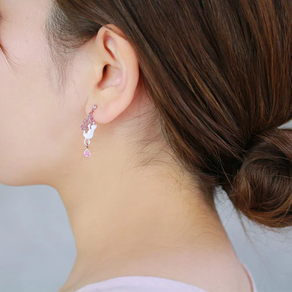 Sakura and Playful Cat Mismatch Earrings