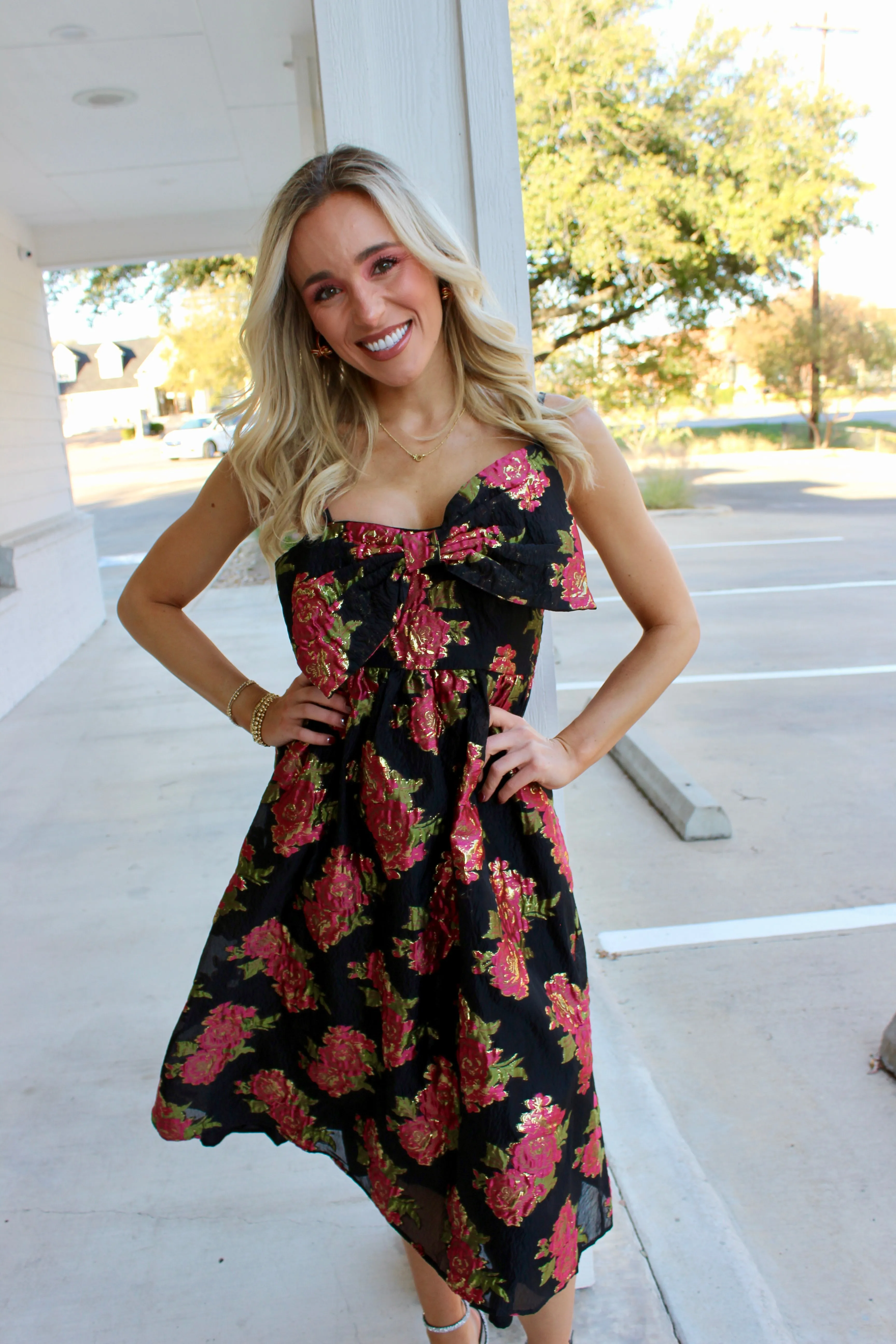 Scarlet Blossom Noir Bow Midi Dress