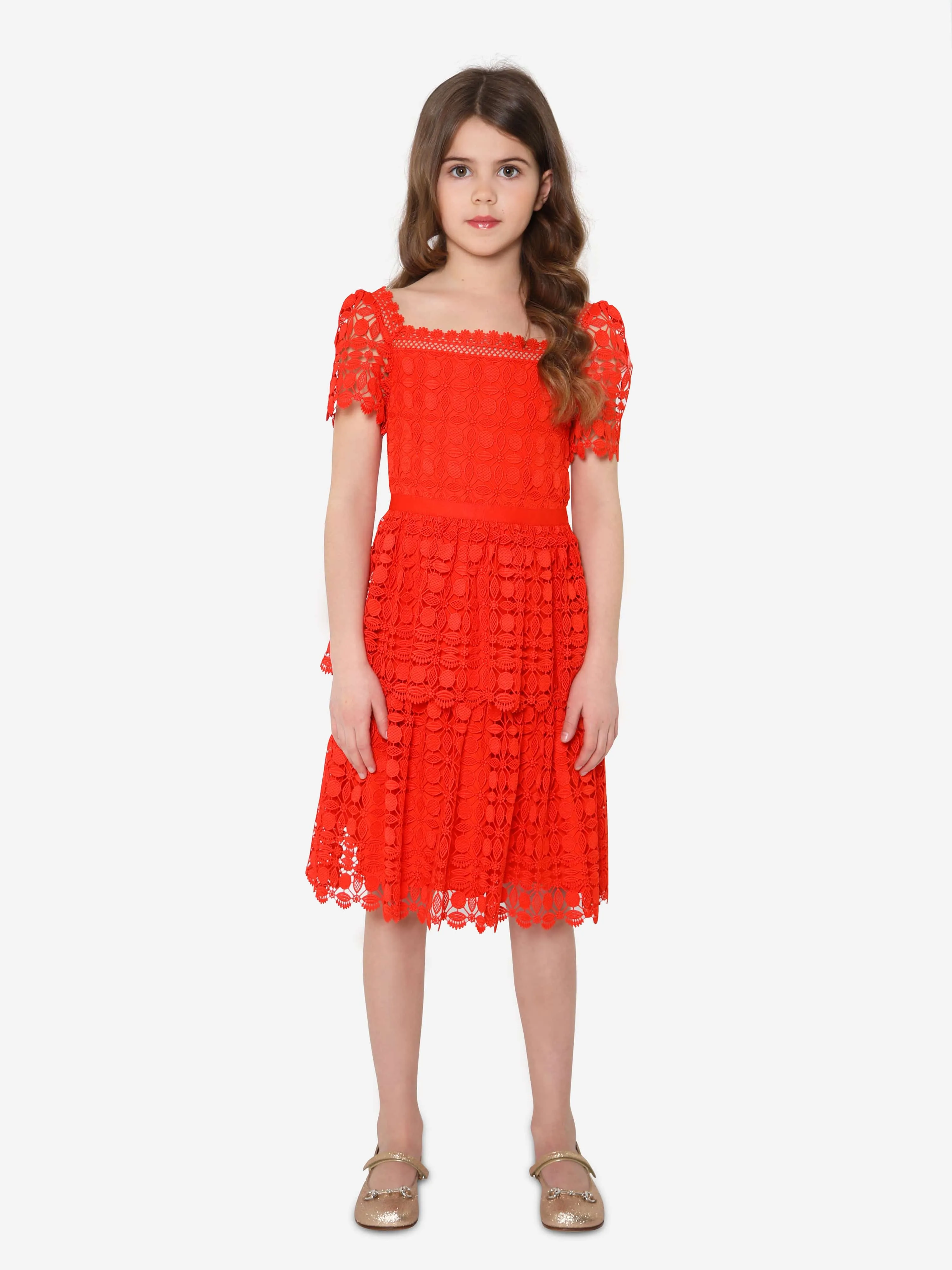 Self Portrait Girls Petal Lace Tiered Mini Dress in Red