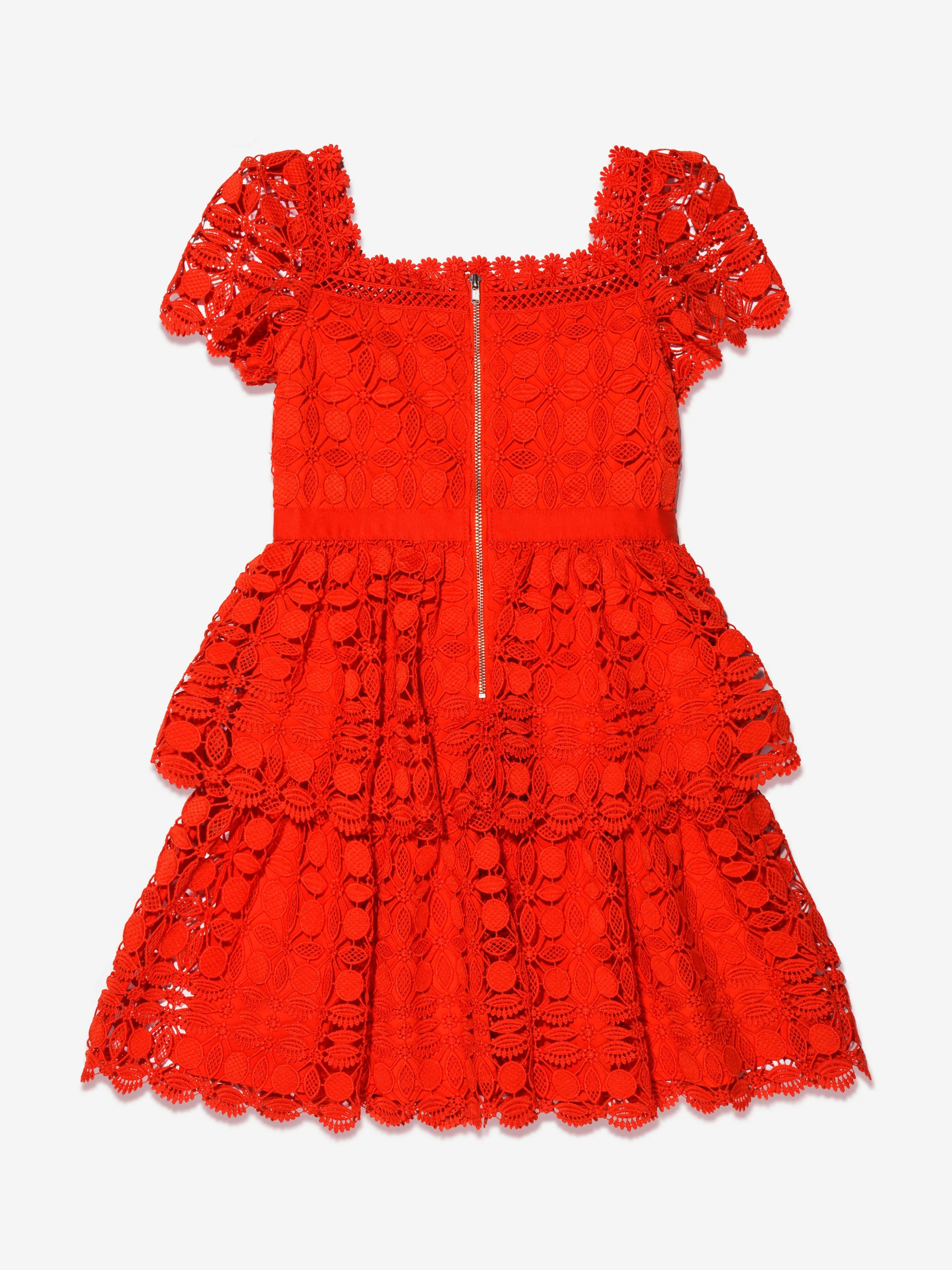 Self Portrait Girls Petal Lace Tiered Mini Dress in Red