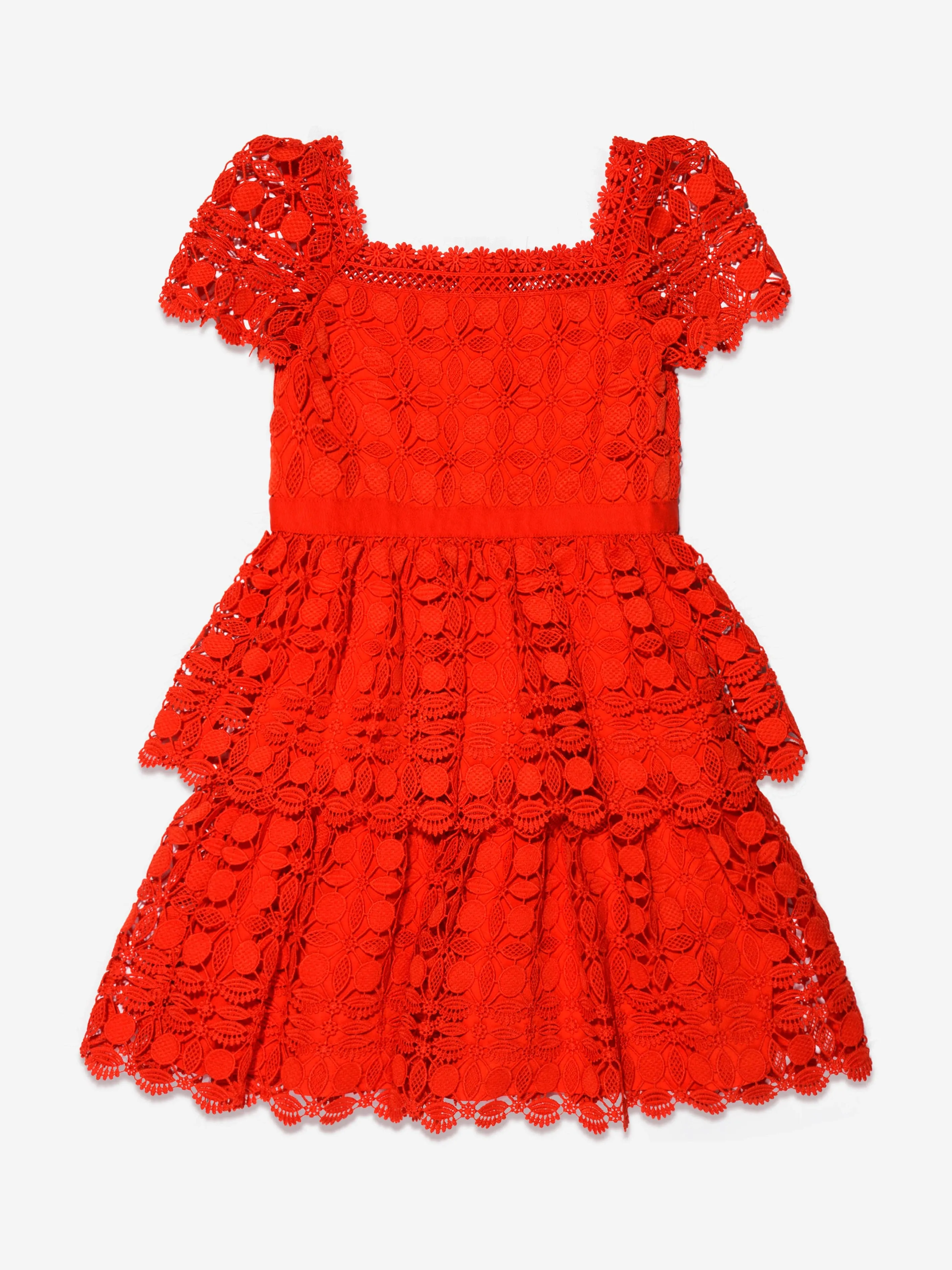 Self Portrait Girls Petal Lace Tiered Mini Dress in Red