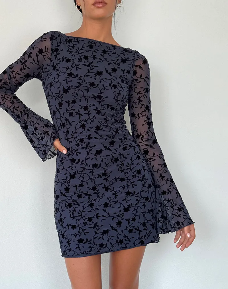 Sevila Long Sleeve Mini Dress in Flocked Petal Navy