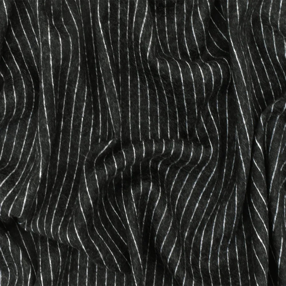 Soft Black-White Stripe Stretch Wool Brushed Double Knit Fabric