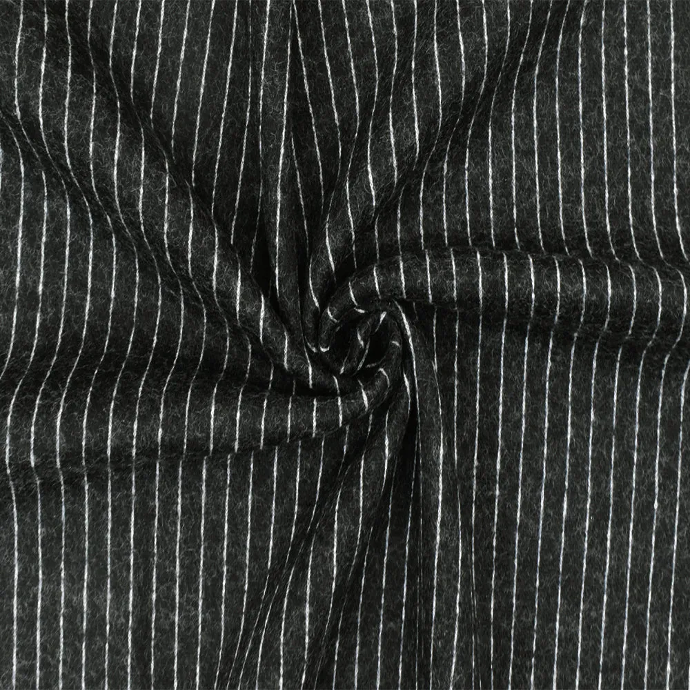 Soft Black-White Stripe Stretch Wool Brushed Double Knit Fabric