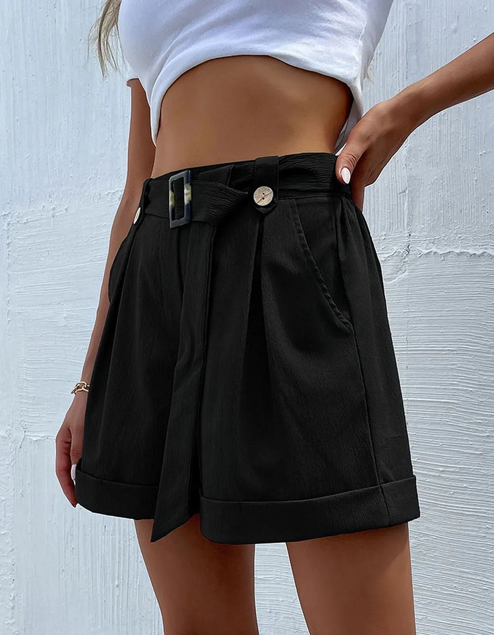 Solid-color Mid-Waist Button Shorts with Belt