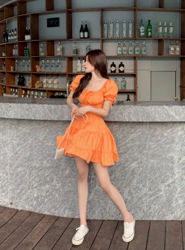 Solid Frill Hem Sashes Knotted Backless Sweet Young Style Woman Dress