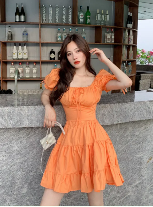 Solid Frill Hem Sashes Knotted Backless Sweet Young Style Woman Dress