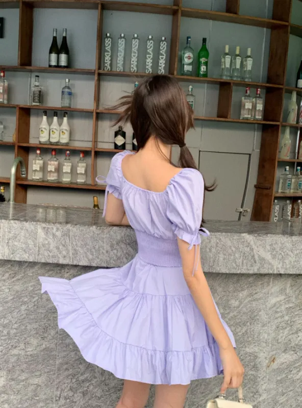 Solid Frill Hem Sashes Knotted Backless Sweet Young Style Woman Dress