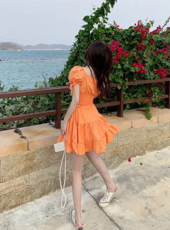 Solid Frill Hem Sashes Knotted Backless Sweet Young Style Woman Dress