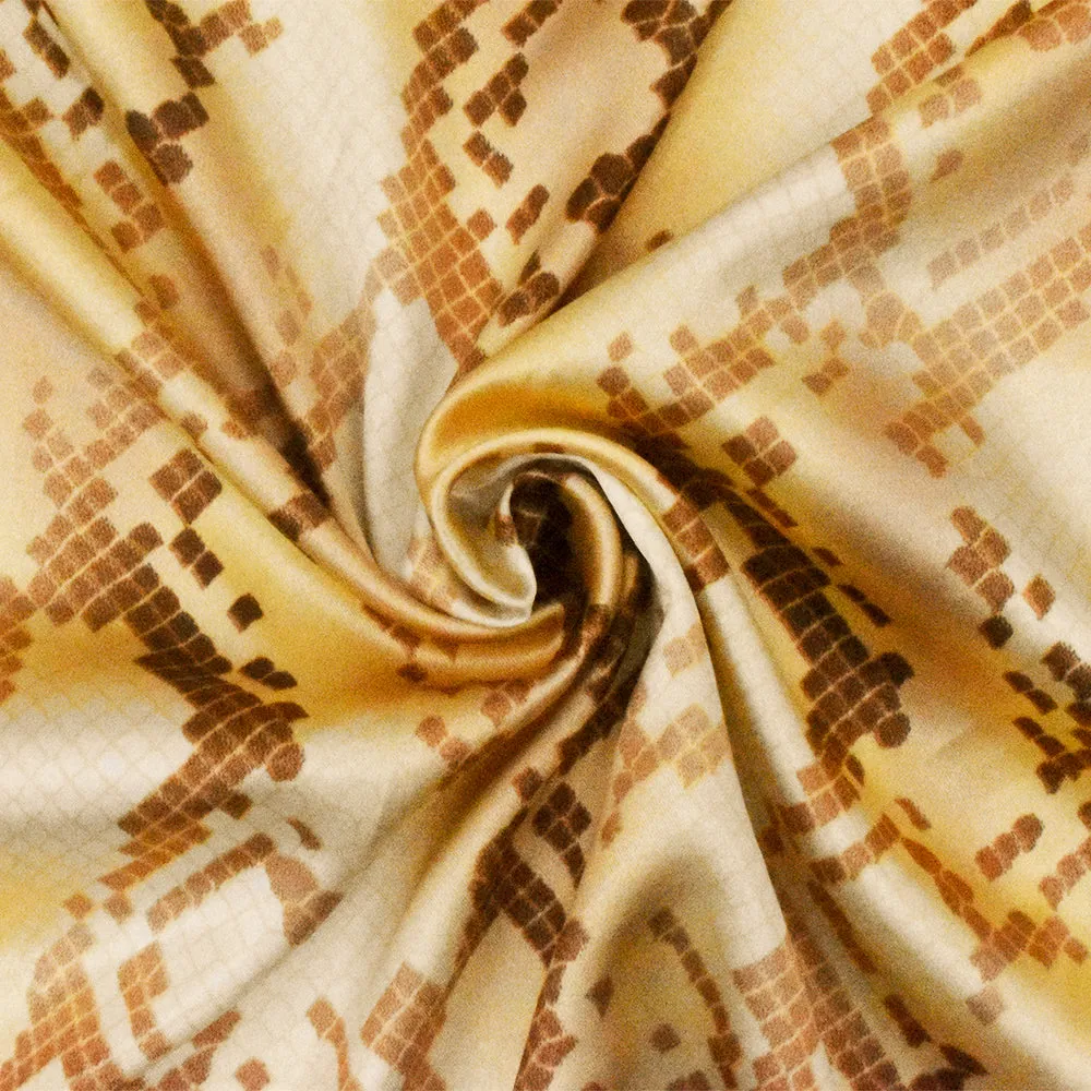 Sunshine Yellow-Brown-Beige Snake Printed Poly Charmeuse Satin Woven Fabric