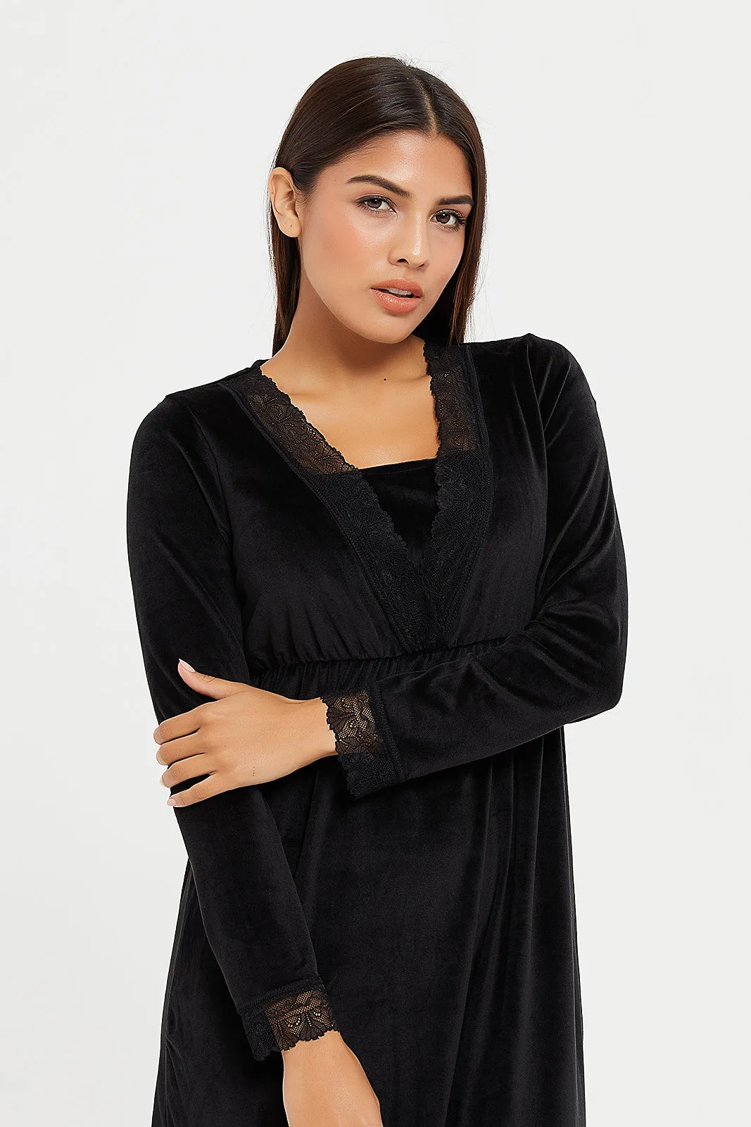 Women Black Velvet Solid Nightgown