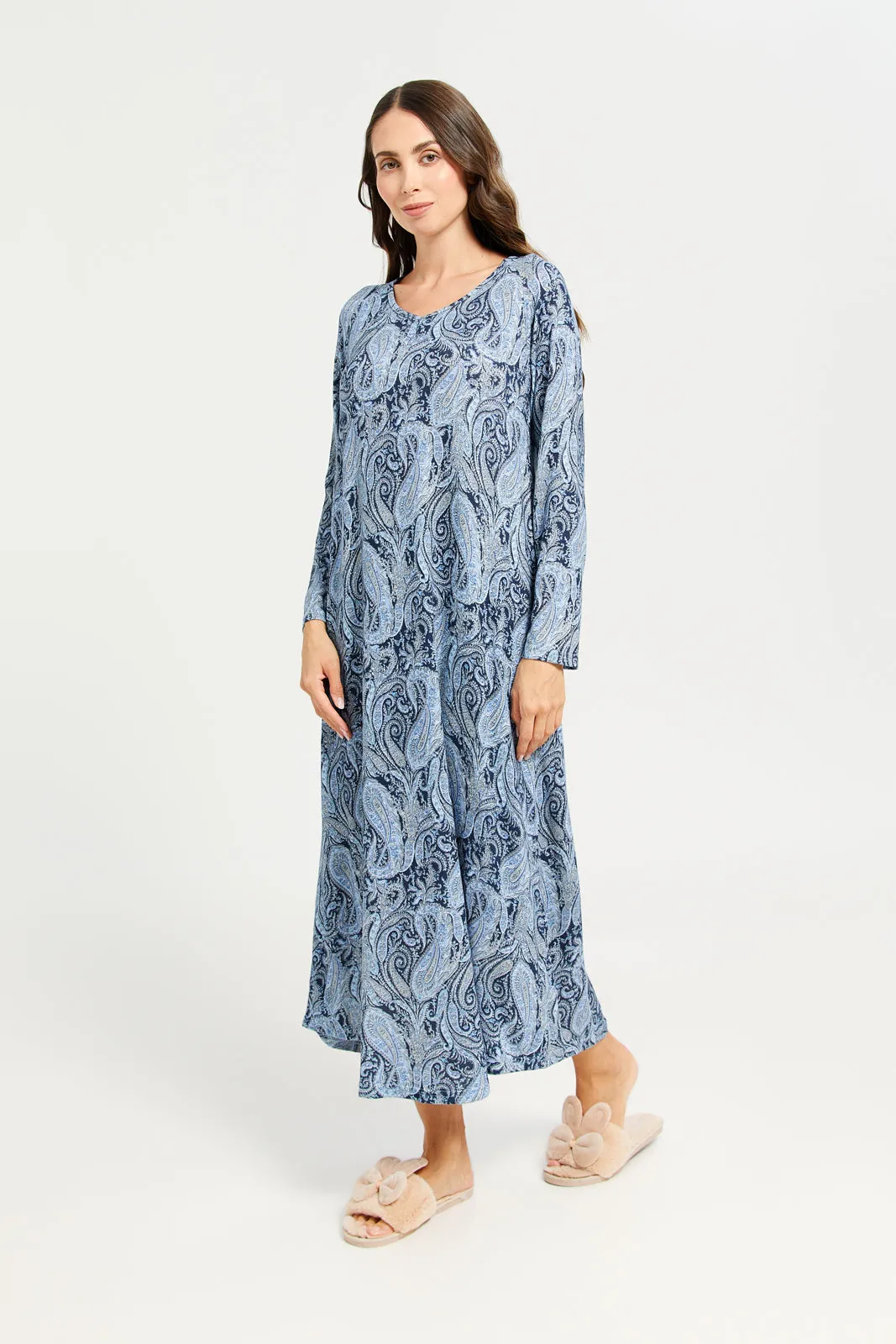 Women Blue Printed Nightgown