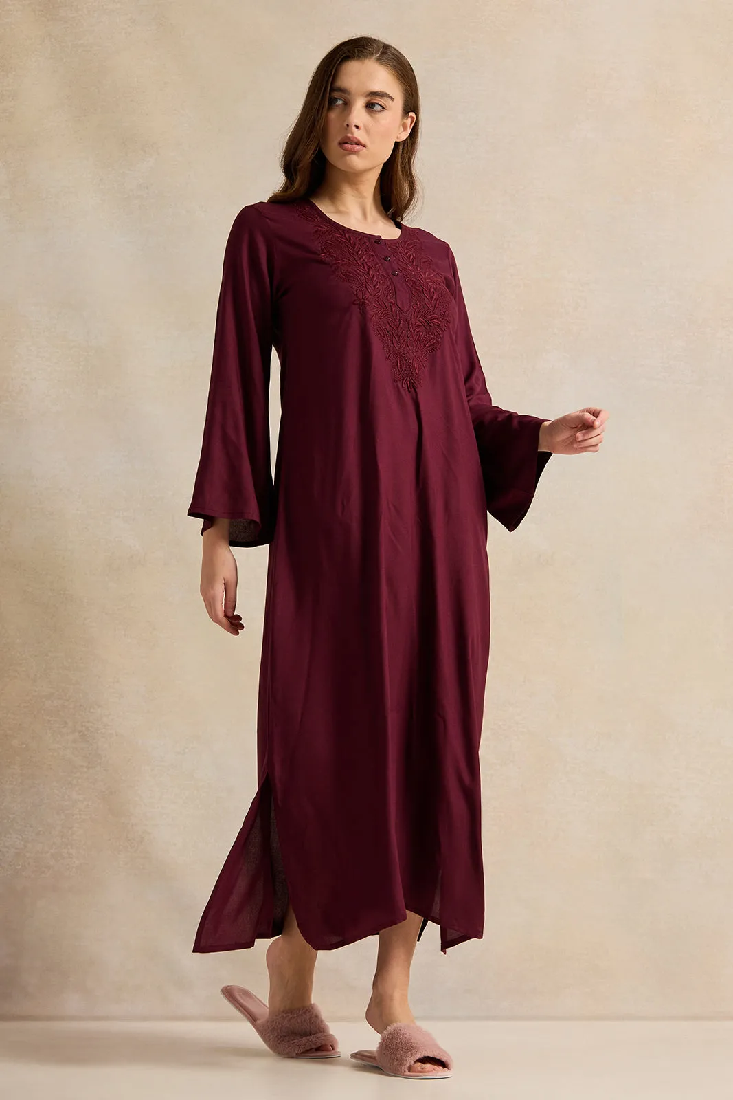 Women Maroon With Neck Embroidery Full Sleeve Nightgown