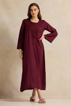 Women Maroon With Neck Embroidery Full Sleeve Nightgown