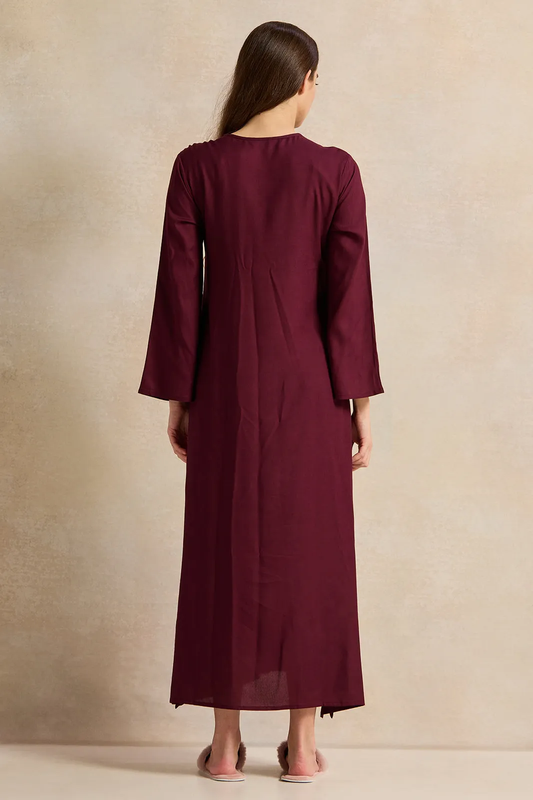 Women Maroon With Neck Embroidery Full Sleeve Nightgown