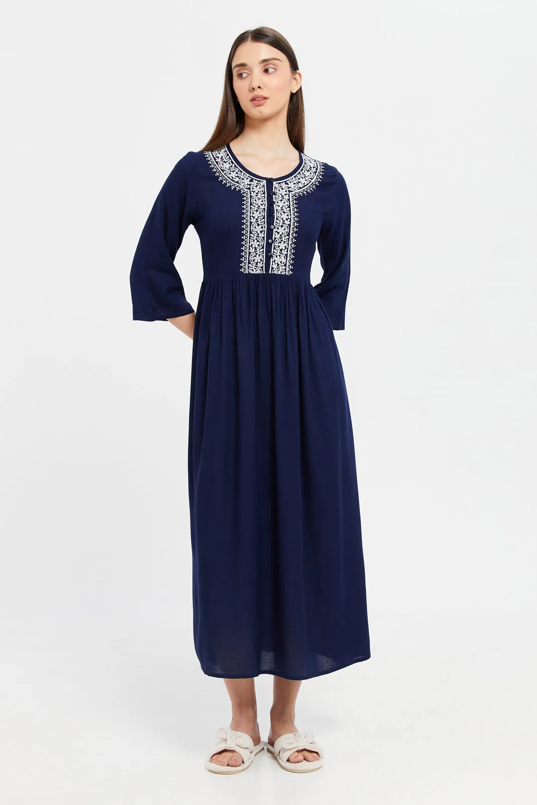 Women Navy Embroidered Nightgown