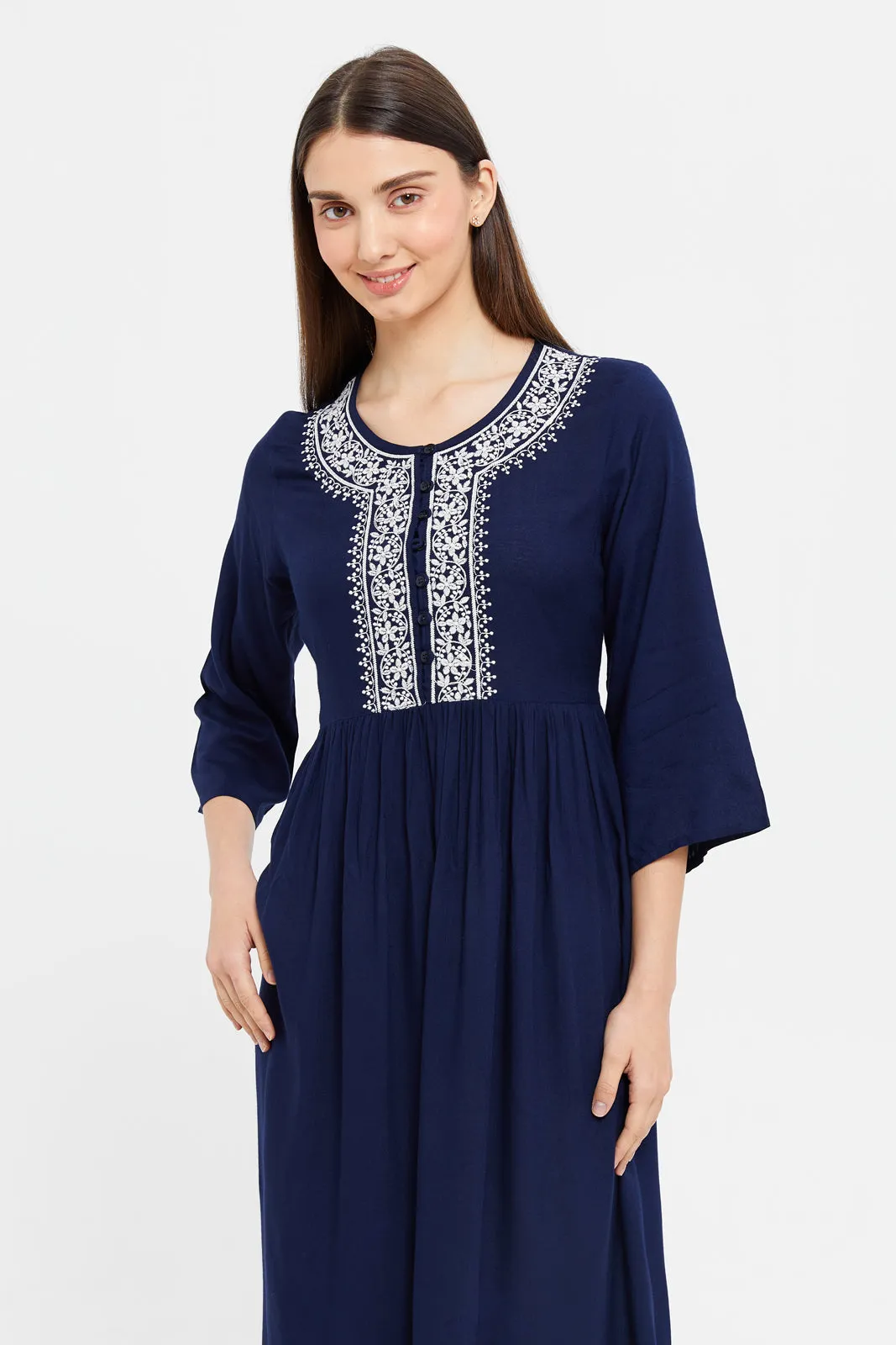 Women Navy Embroidered Nightgown