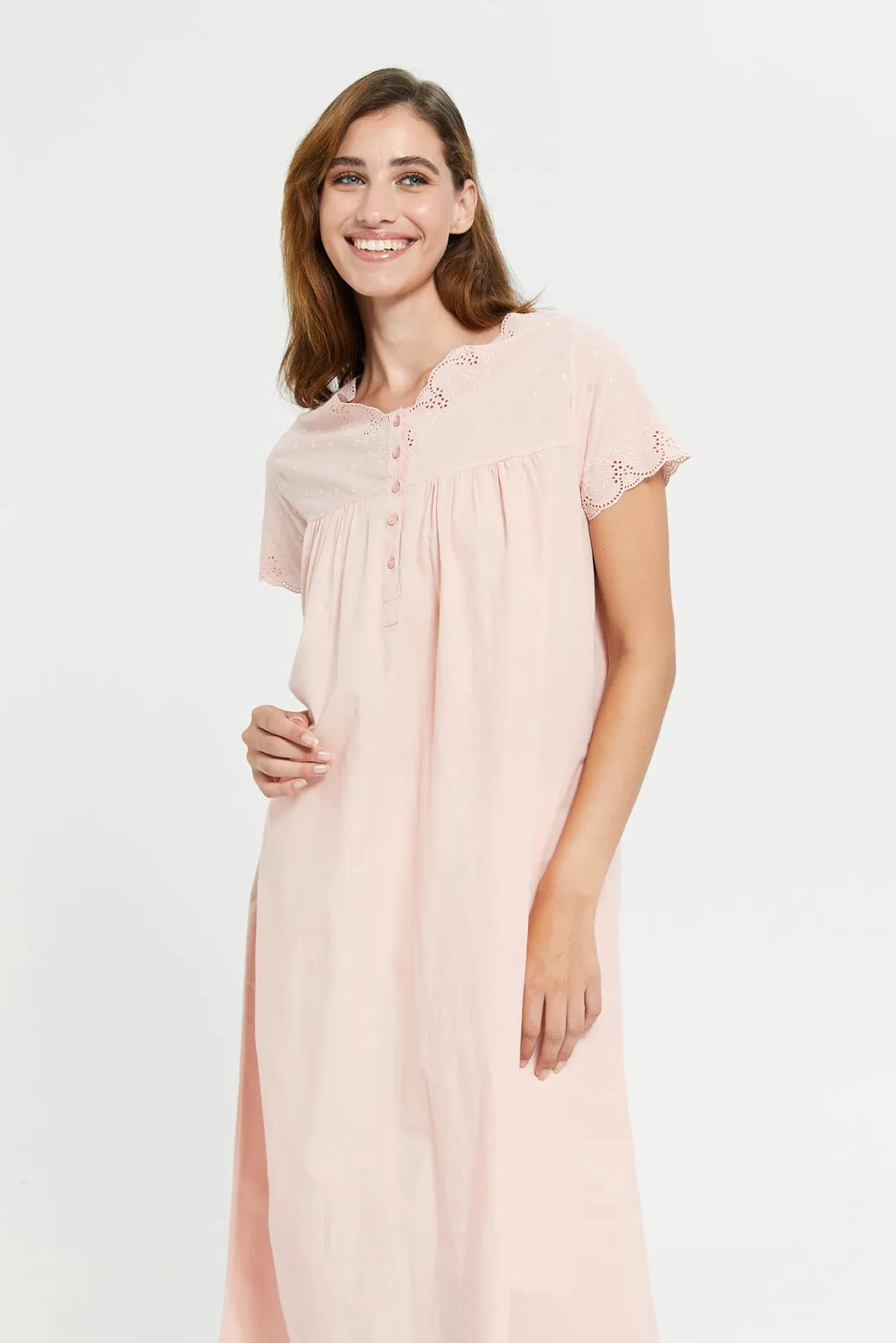 Women Pink Solid Embroidery Nightgown