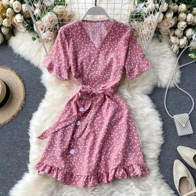 Yeknu Women Lace Up Floral Polka Dot Summer Dress Sexy V Neck Wrap Dress Slim Waist Elegant Boho Ruffles Beach Short Dress Vestido