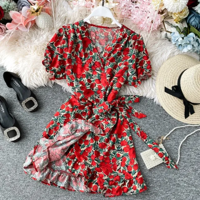 Yeknu Women Lace Up Floral Polka Dot Summer Dress Sexy V Neck Wrap Dress Slim Waist Elegant Boho Ruffles Beach Short Dress Vestido